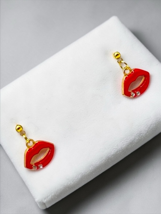 Alaska Wild Rose Designs Jewelry - Red Lips Gold & Bright With 2 Crystals Stud Dangle Earrings